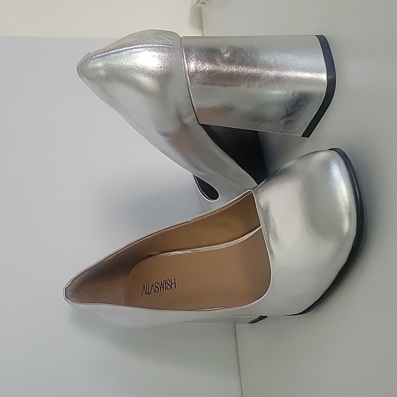 Silver womans high heel chunky heel square toe pumps party dress - Picture 3 of 8